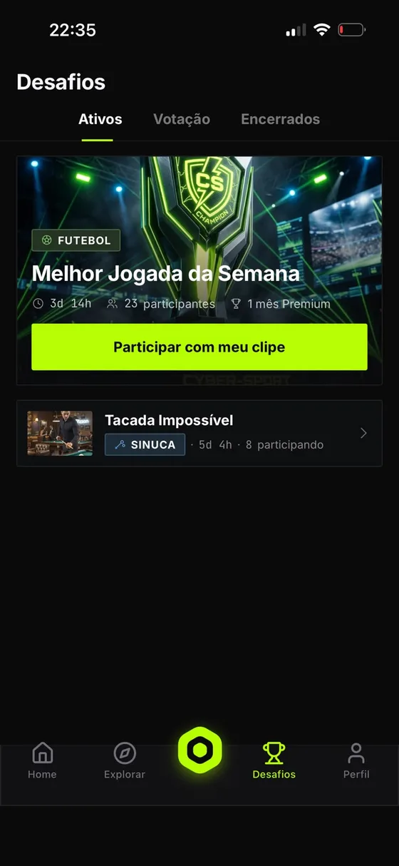 Tela de desafios, com o desafio da semana e participação por clipe.