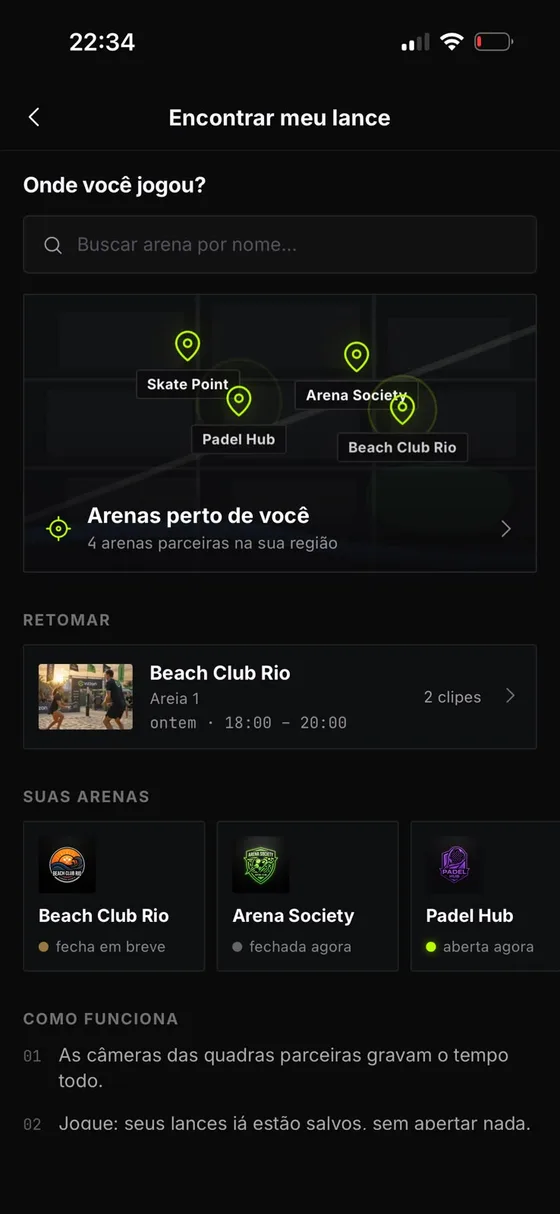 Tela Encontrar meu lance, com mapa de arenas próximas e sessões recentes.